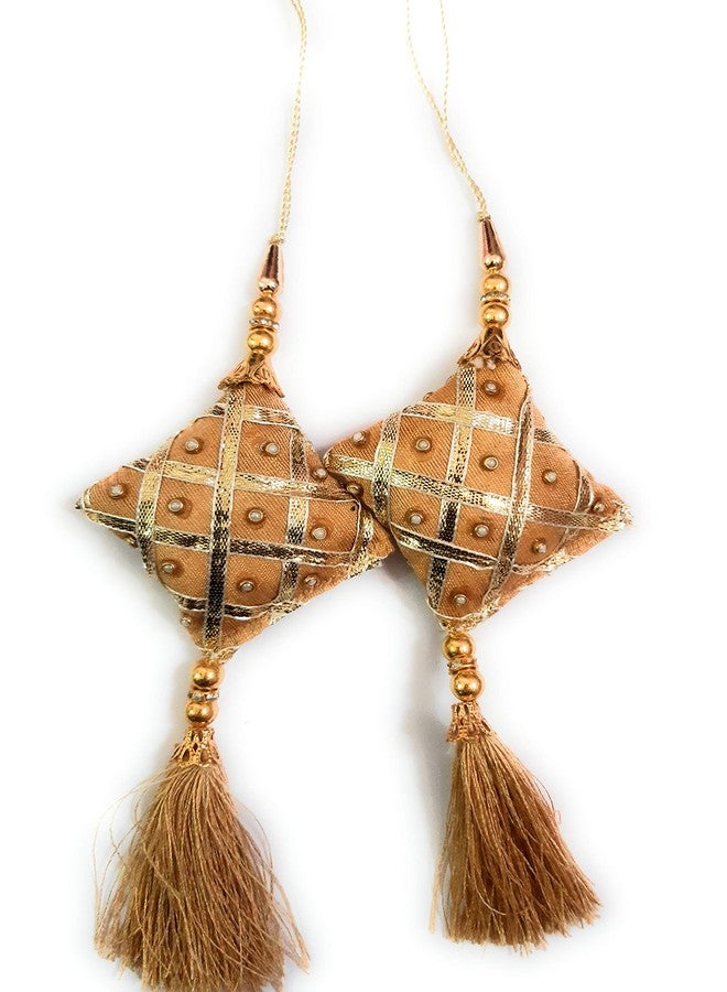 لباس ليباس فاشن، أزياء نسائية مصنوعة يدوياً، شرابة معلقة وزينة عرقية من القماش، صغيرة، ذهبية - طقم من قطعتين - Image 1